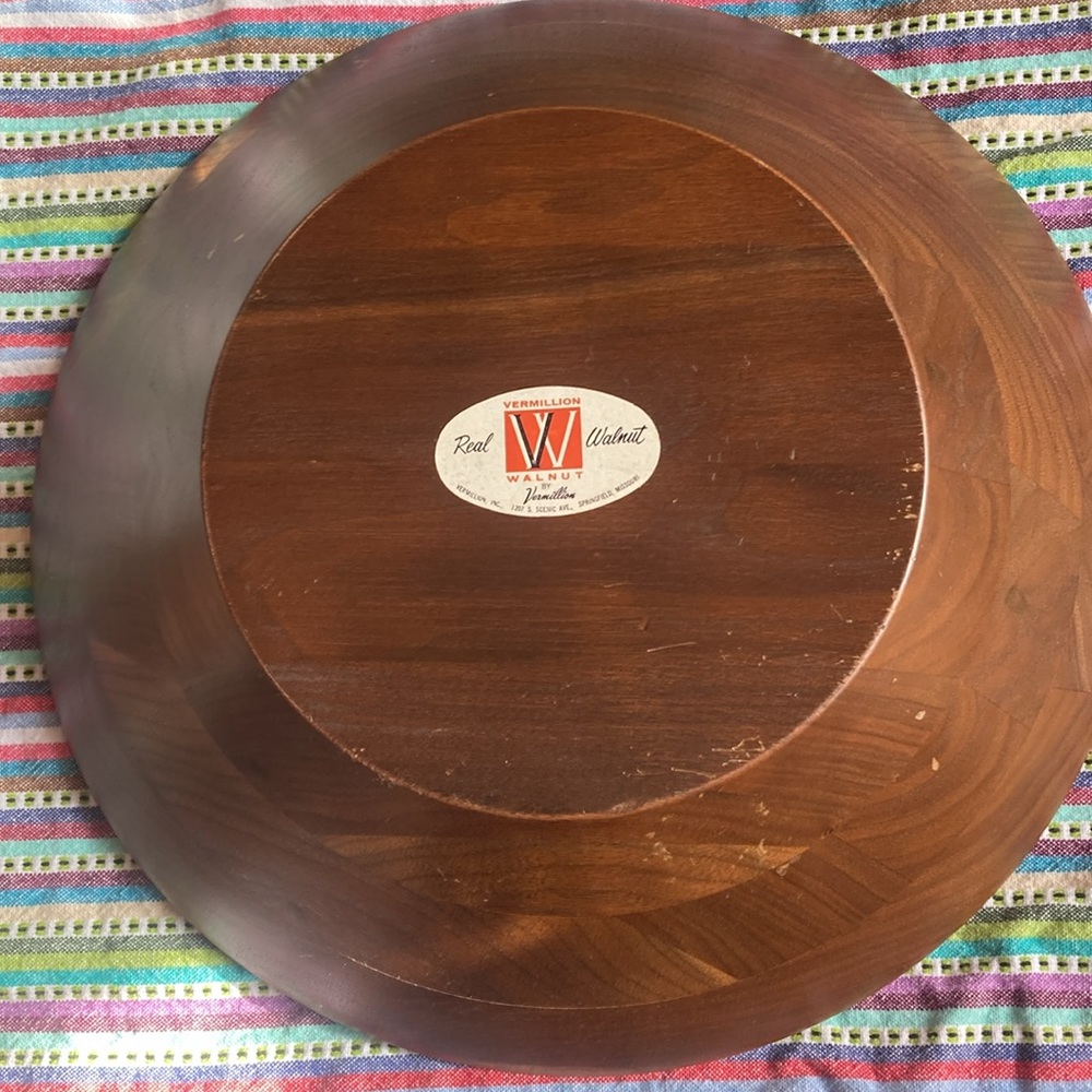 Mid-century Vermillion walnut serving/salad bowl w/original labels